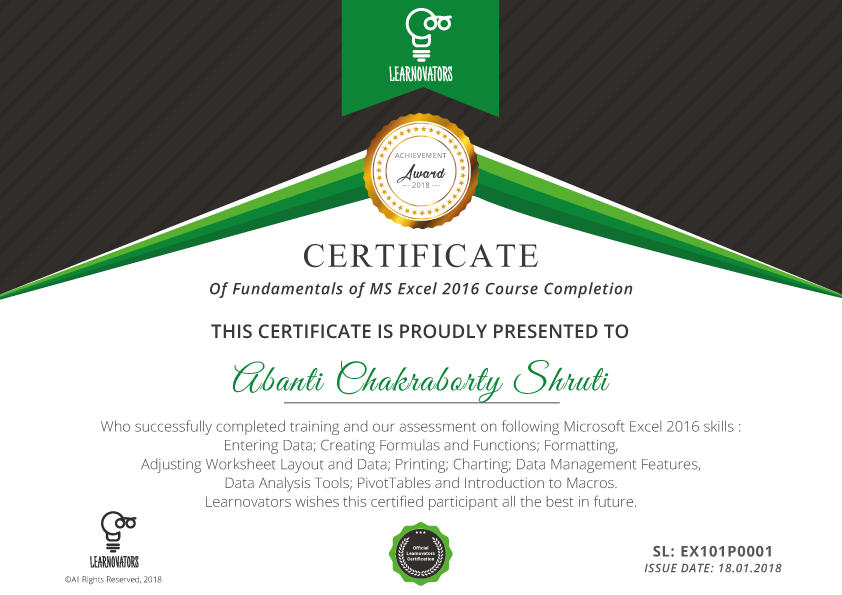 MS Excel certificate