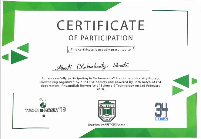 Intra University Project Showcasing certificate